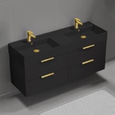 56 inch Double Bathroom Vanity With Black Ceramic Sink Top - Modern, Matte Black, Gold Handles